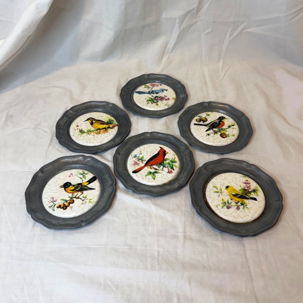 Vintage Bird Coasters Set of 6 Pewter and Ceramic Scalloped Edge Bird Graphics